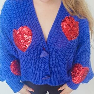 Blue Cardigan with Red Sequin Hearts